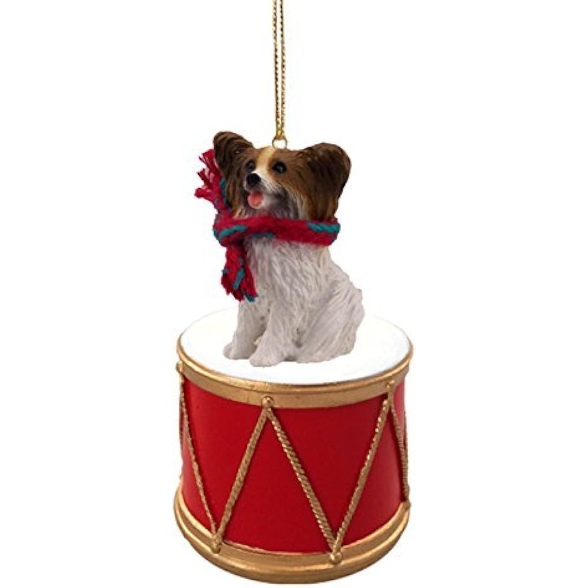 Papillon Brown Dog Sits on a Drum Christmas Ornament w/ Gold String & Scarf DRD47A
