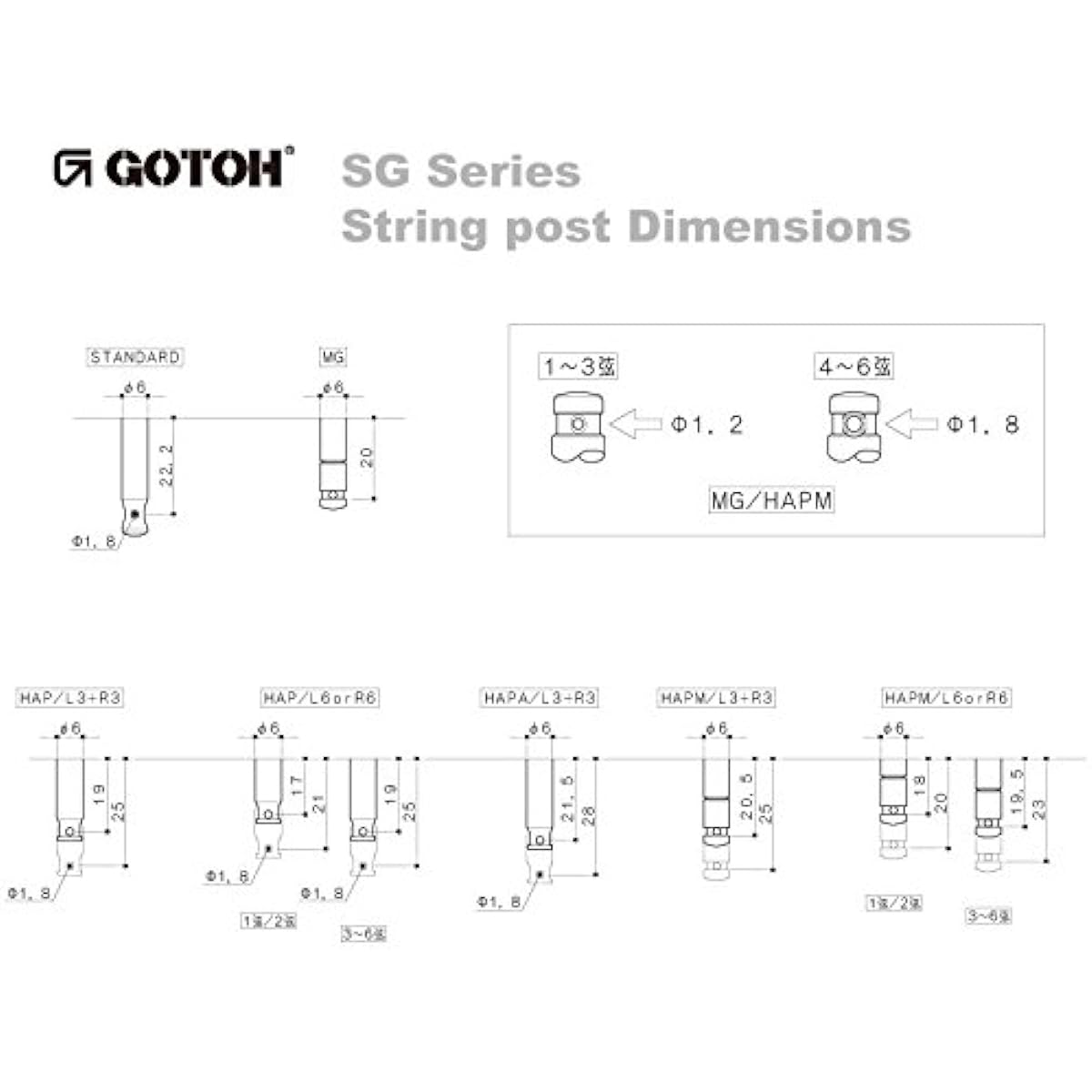 GOTOH Guitar Peg SG301 L3+R3 Standard Axis Gold Knob M01