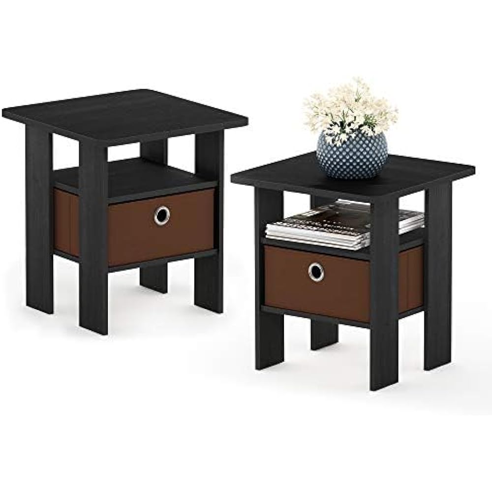 Furinno End Table Set of 2 Andrey Series Side Table Nightstand/Bedside Table with Drawer Bin Color: Americano/Medium Brown