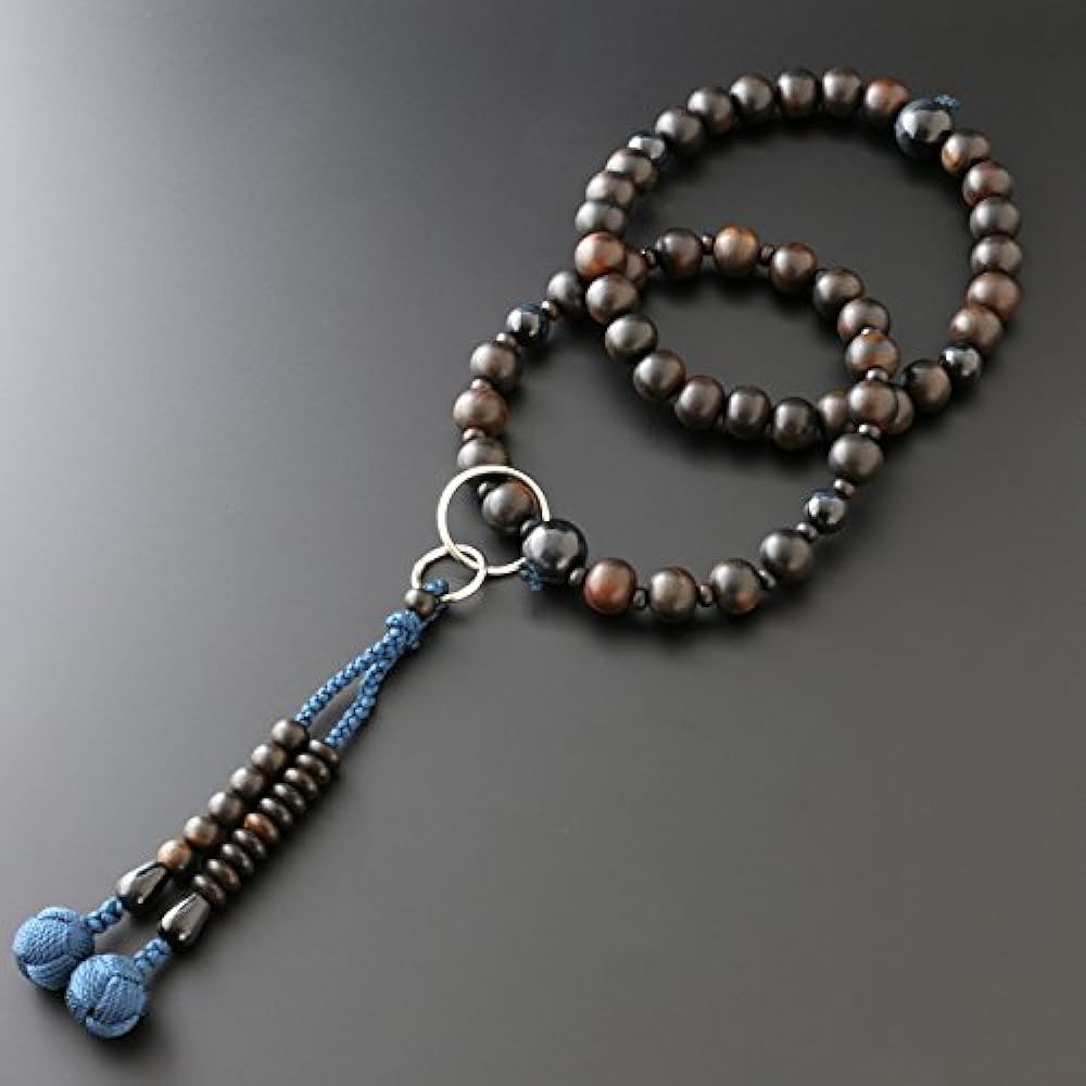 Kyoto Buddhist Altar Hayashi Prayer Beads Jodo Sect Ebony (raw sawn) with blue tiger eye stone (8 items) (for men) Formal Official [Bead Bag Set] SM-011 Kyoto Prayer Beads