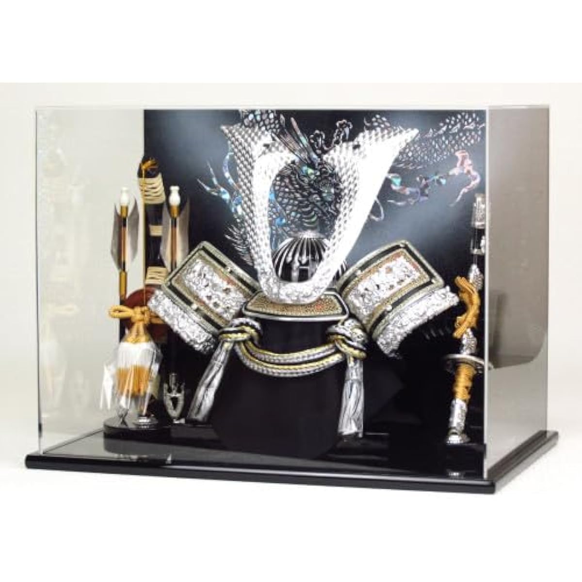 Kyoju May Doll Helmet Decoration in Acrylic Case with Wooden Bow and Sword Width 41 x Depth 27 x Height 31cm No. 10 Medium Kuwakaku Helmet Case Decoration YN41352GKC