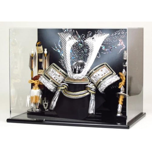 Kyoju May Doll Helmet Decoration in Acrylic Case with Wooden Bow and Sword Width 41 x Depth 27 x Height 31cm No. 10 Medium Kuwakaku Helmet Case Decoration YN41352GKC