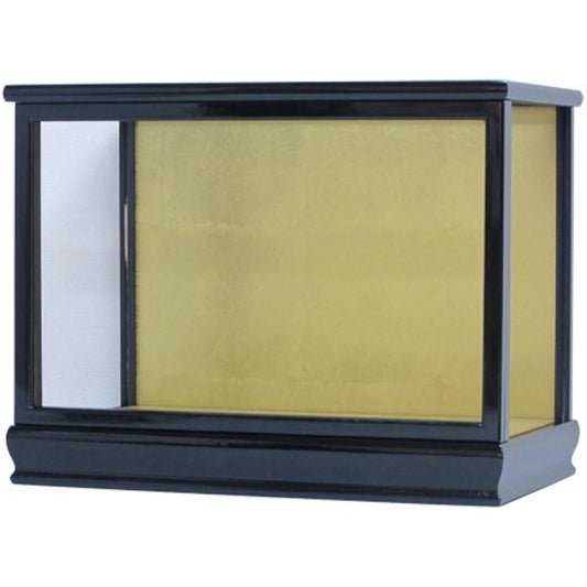 Kyoju doll case, width 35 x depth 19 x height 24 cm (inside dimensions), glass case, wooden, with door, black mulberry paint, Takasago doll, wood grain doll