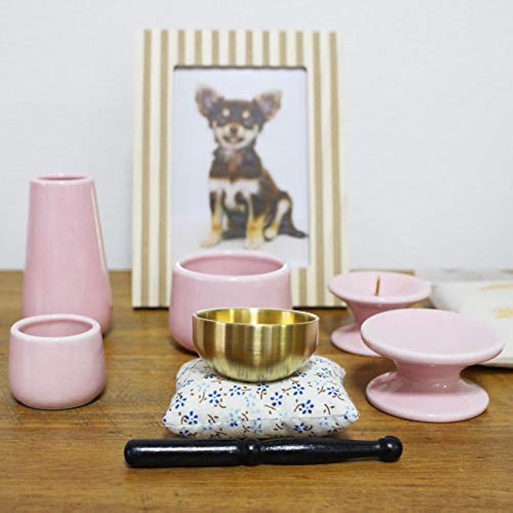 Mini Buddhist utensils 7-piece set, Korin, incense burner, incense burner ash, candle holder, vase, teacup, offering stand, pink