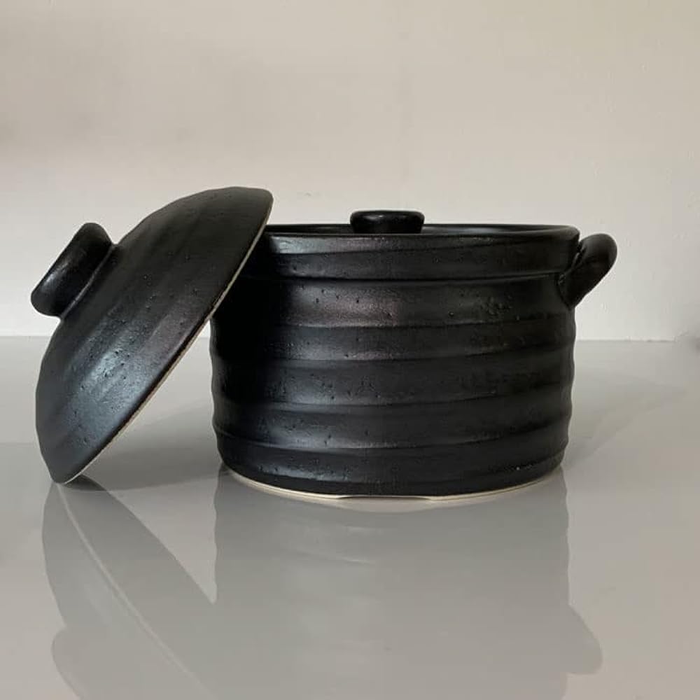 Earthen pot rice cooker IH 3 cups black glaze metal wrapping gift rice cooker IH open flame compatible Banko ware made in Japan