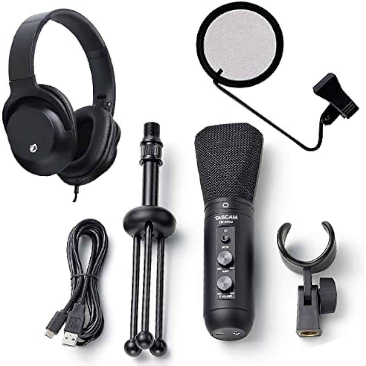 TASCAM TM-250U USB Microphone for Online Meetings, Live Streaming, and Game Commentary + PO5S Pop Filter + KHP001 Headphones