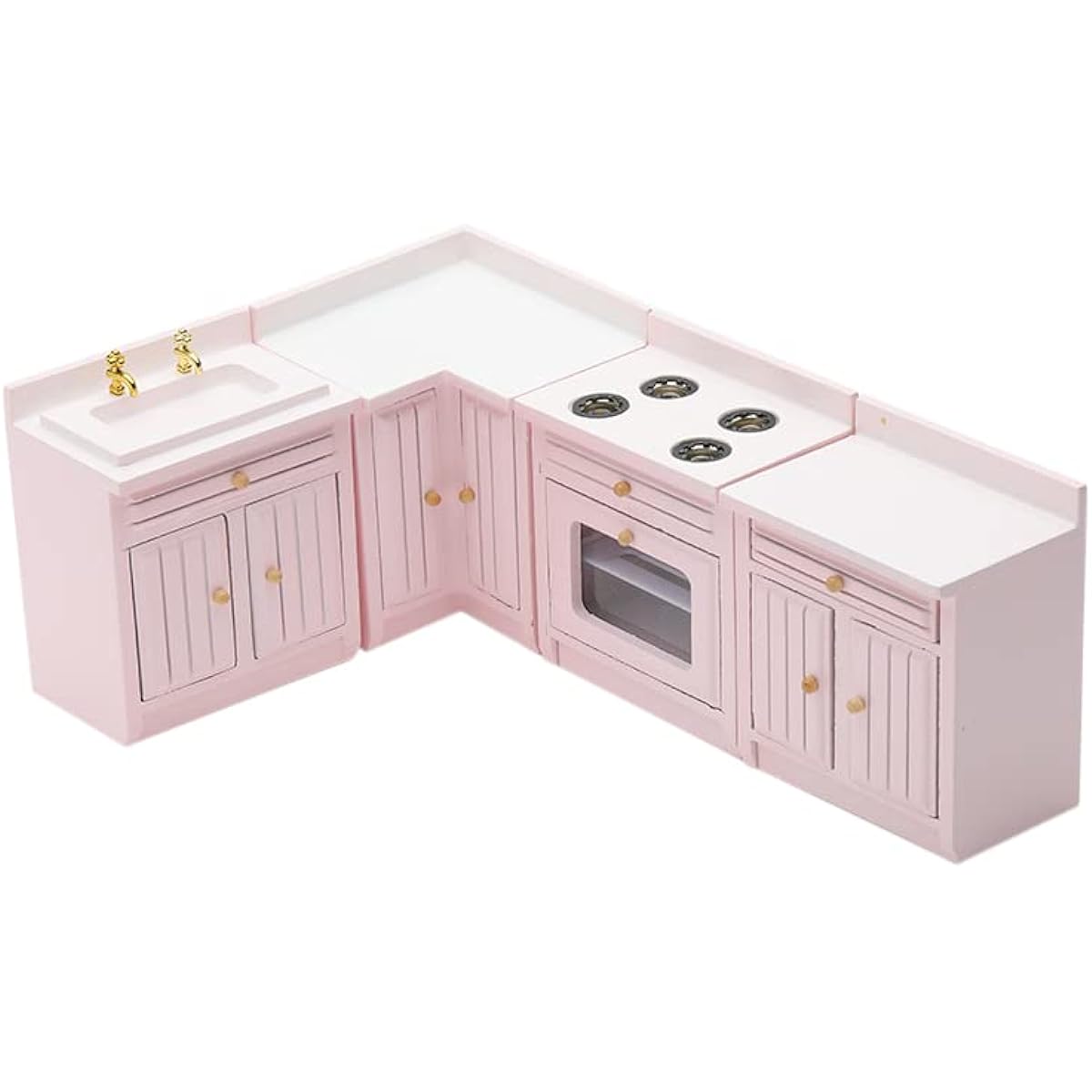 Miniature Dollhouse Kitchen Cabinet Set 1:12 Scale Wooden Furniture Model Freely Mix and Match 4 Pieces Dollhouse Accessories Furniture Kit Decorative Gift (Pink)