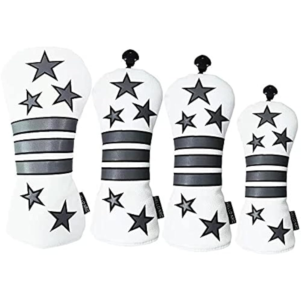 Golf head cover, driver cover, wood cover, utility cover, UT cover, 4-piece set, star, black, white, waterproof, conversion tag included