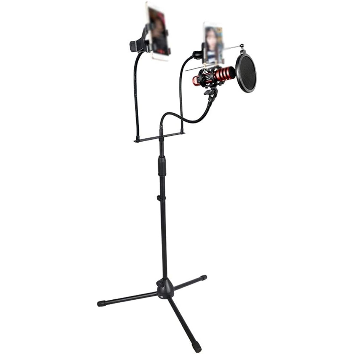Desktop Microphone Stand Clip Splash-Proof Microphone Floor Stand Sing Dual Mobile Phone Live Conference Seminar Live Speech (Color: Black, Size: 125-188cm)