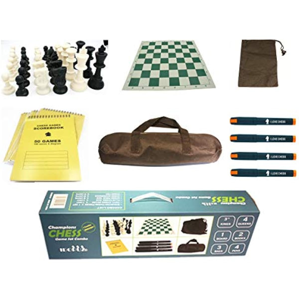 Professional Staunton Chess Set Combo 4 Queens 3" King 17" Vinyl Roll Up Board 22" Chess Bag 50 Games Scorebook Pen Tournament