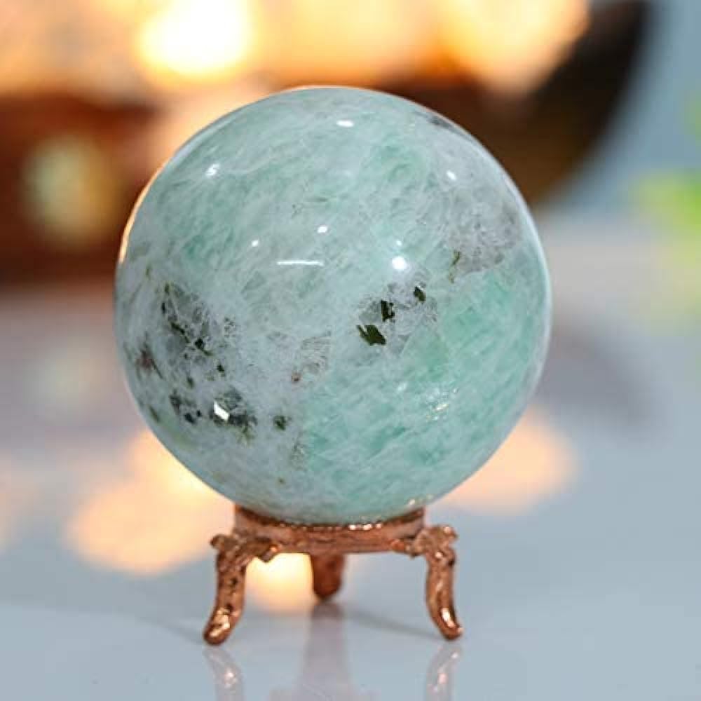 Crocon Amazonite Crystal Sphere and Metal Stand Gemstone Sphere Healing Ball Sculpture Feng Shui Fortune Telling Figure Home Halloween Decoration Photo Size: 50-60 mm