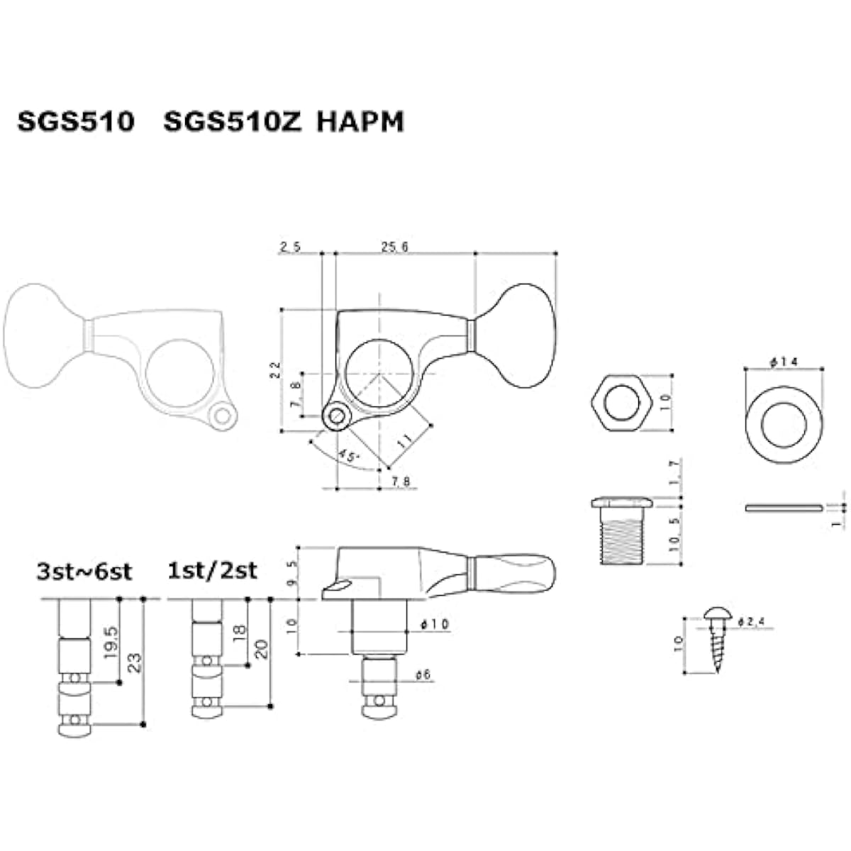 GOTOH Guitar Pegs SGS510Z HAPM S5 C L6 Chrome One Side Set of 6 H.A.P.M (Magnum Lock) [Ebi Original Pick Included]