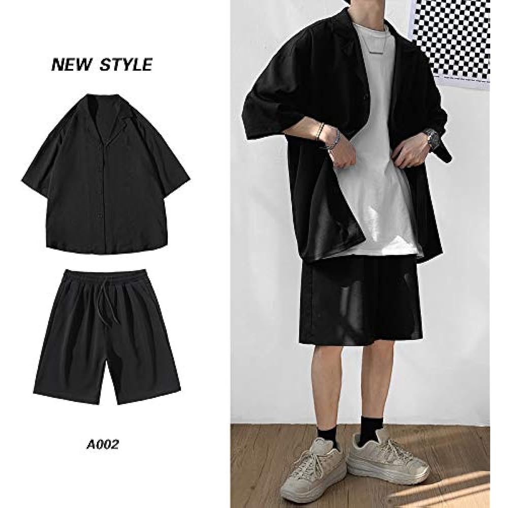[ANGELCITY] Setup Men's Sweat Jersey Summer Short Sleeve Open Front Top Shot Pants Top and Bottom Set Pearl Look Room Wear Loungewear Training Sports Wear Running Wear Large Size L50