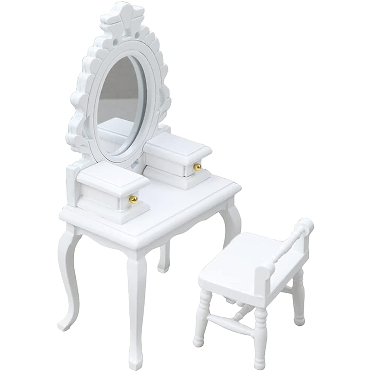 LUOZZY Miniature Furniture Accessories 2Pcs 1:12 Scale Mini Dollhouse Dresser Table and Stool Kit - White