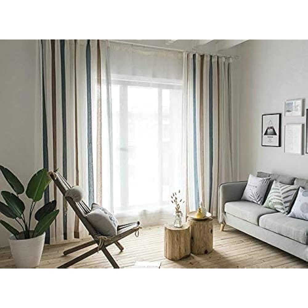 Ponoa Luxury Embroidered Striped Lace Curtain, Hard to See, Comes with Adjuster Hook, Fashionable, Stylish Voile Curtain, Blue, Beige (Width 150cm, 2 pieces included, Width 150cm x Length 110cm)