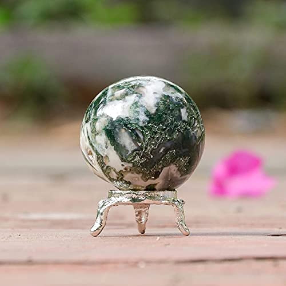Crocon Tree Agate Crystal Sphere and Metal Stand Gemstone Sphere Healing Ball Sculpture Feng Shui Fortune Telling Figurine Home Decor Size: 45-55 mm