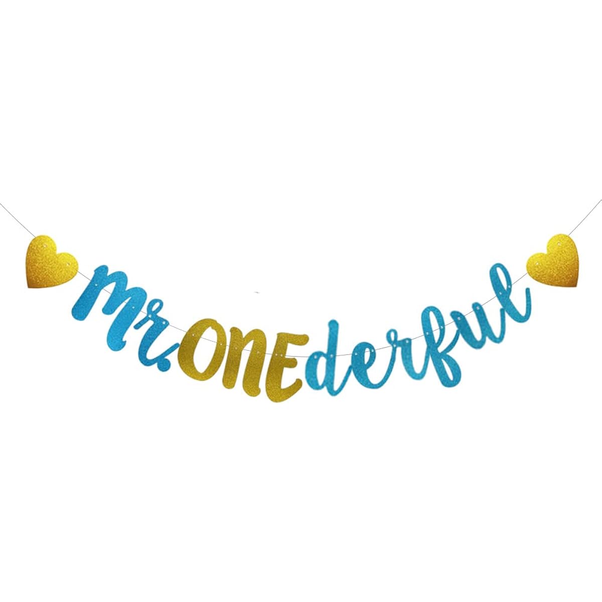 Mr. Onederful Banner Pre-Strung No Assembly Funny Blue Glitter Paper Party Decorations 1st Birthday Party Supplies Letters Blue ABCpartyland