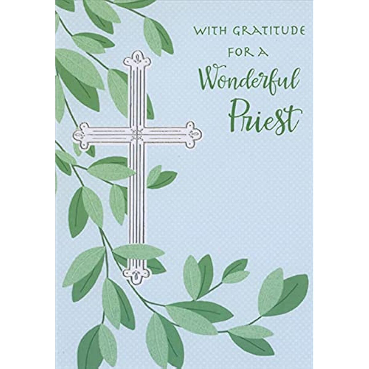 Designer Greetings Silver and White Cross: Green Branches and Leaves Clergy Appreciation Day Card