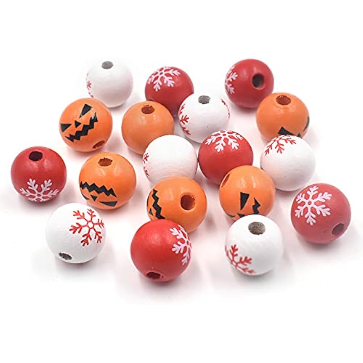 Since 120 Pieces 0.6 Inch Christmas Wooden Beads White Snowflake Beads Orange Gremus Natural Snowflake Wooden Beads Red Snowflake Craft with 13 Feet Ribbon for Christmas Halloween Party Decorations