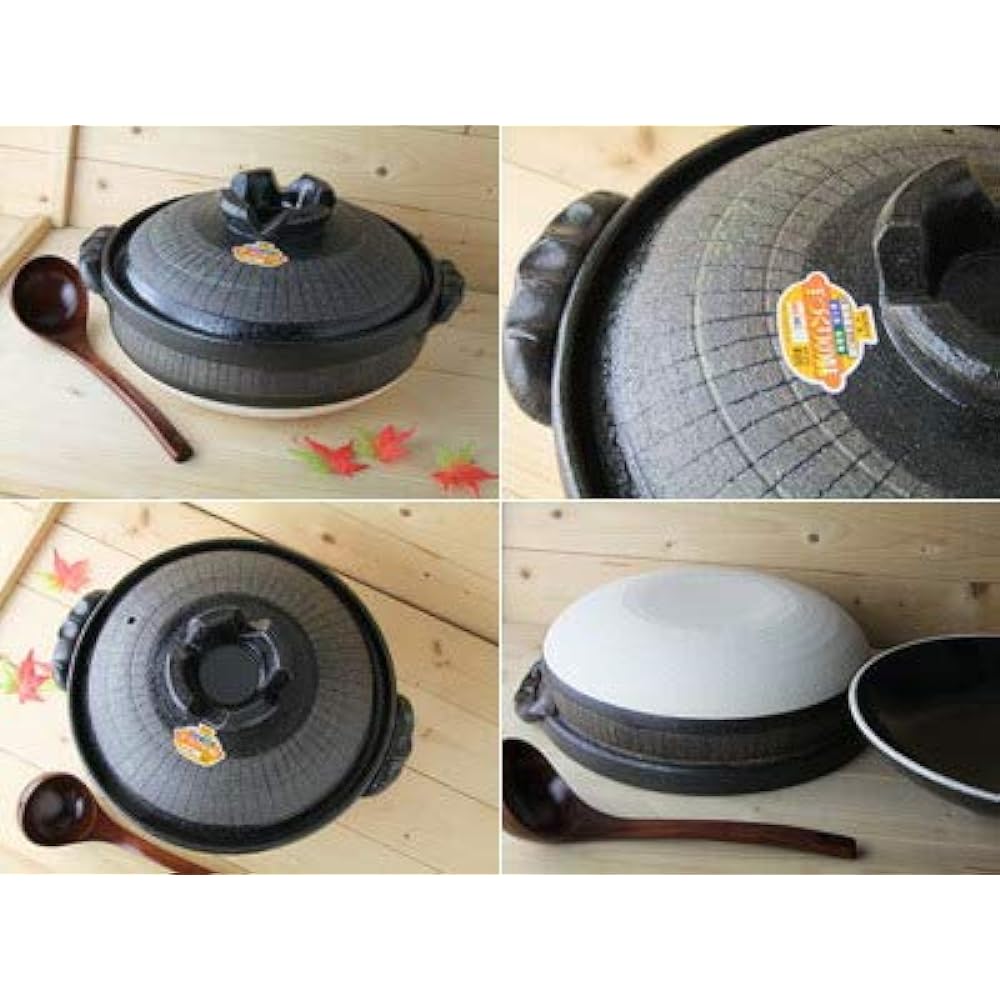 Mino Sarara Heat-resistant black jukusa deep clay pot for open flame use, size 10, for 5 to 6 people, made in Japan, Banko ware