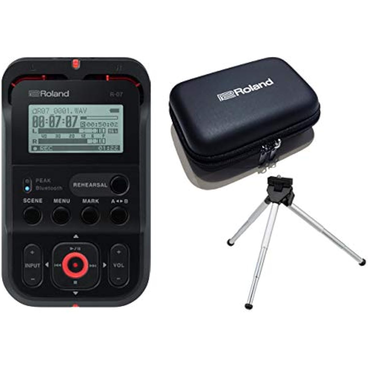 Roland High Resolution Audio Recorder R-07(BK) Black + Roland Logo Universal Pouch + Mini Tripod Set