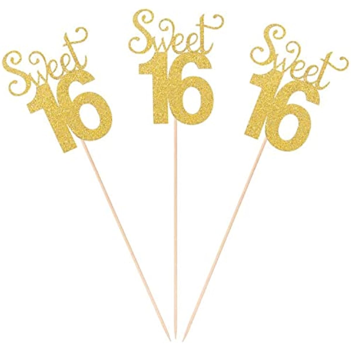 Glitter Gold Double Sided Sweet 16 Birthday Celebration Centerpiece Sticks, Pack of 10, Number 16 Table Cake Topper for Sweet 16 Birthday Table Party Decorations (Sweet 16)