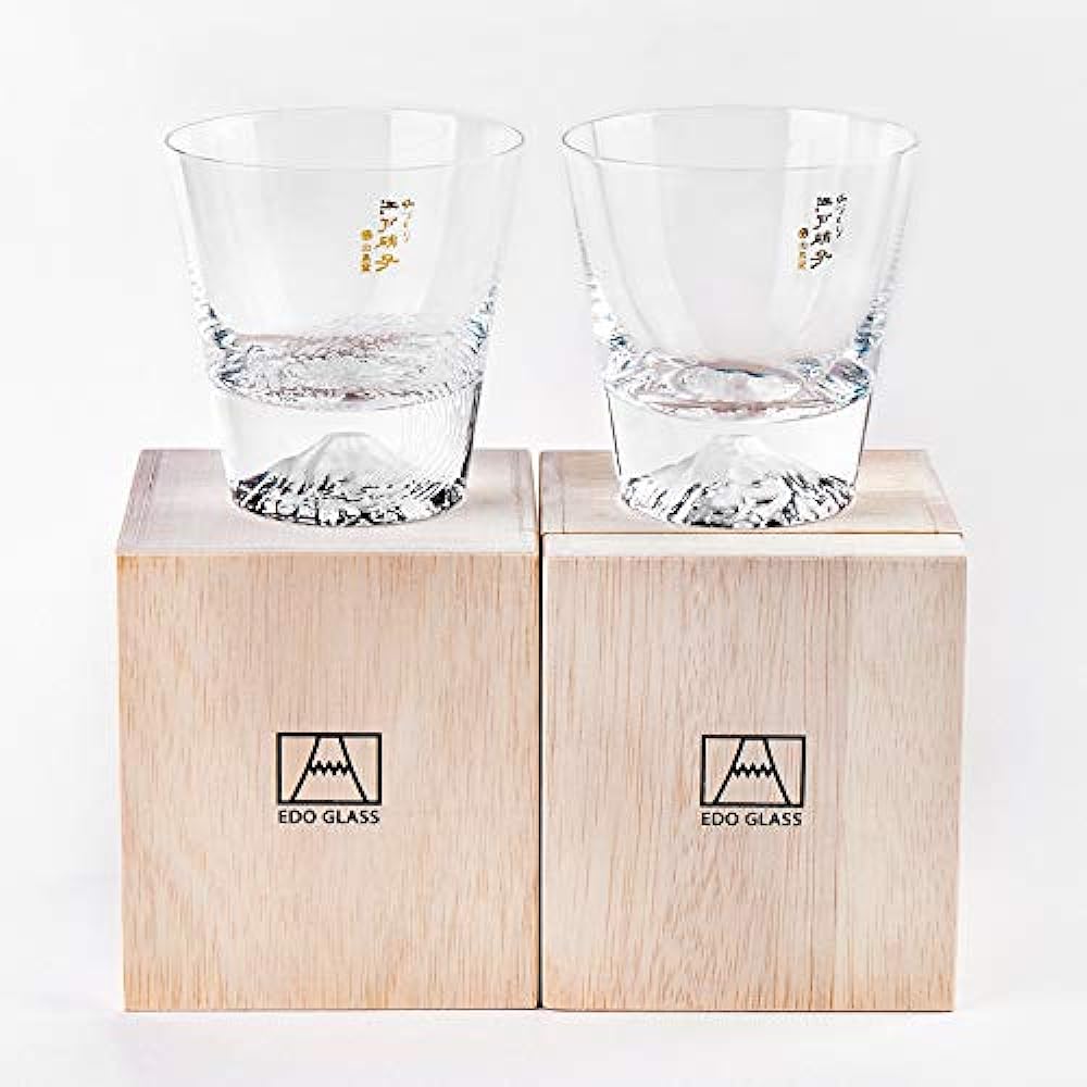 Edition Tajima Glass Mt. Fuji Glass Mt. Fuji Rocks Glass (Plain) x Wave Fuji Rocks Glass Pair Set of 2 Souvenir Grand Prix Edo Glass Kiriko Mt. Fuji Whiskey Glass Rocks Glass Sake Foreign Overseas Souvenir Celebration Gift Present Popular MADE IN JAPAN