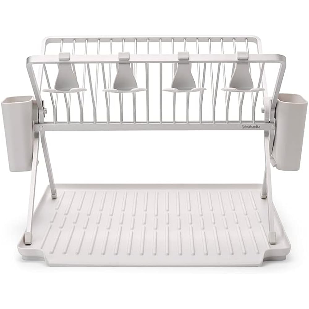 Brabantia Foldable Dish Drying Rack Large Draining Basket with Cutlery & Tray & Glass Hook Light Gray 139444 Size: Width 51 x Depth 42 x Height 31.5 cm