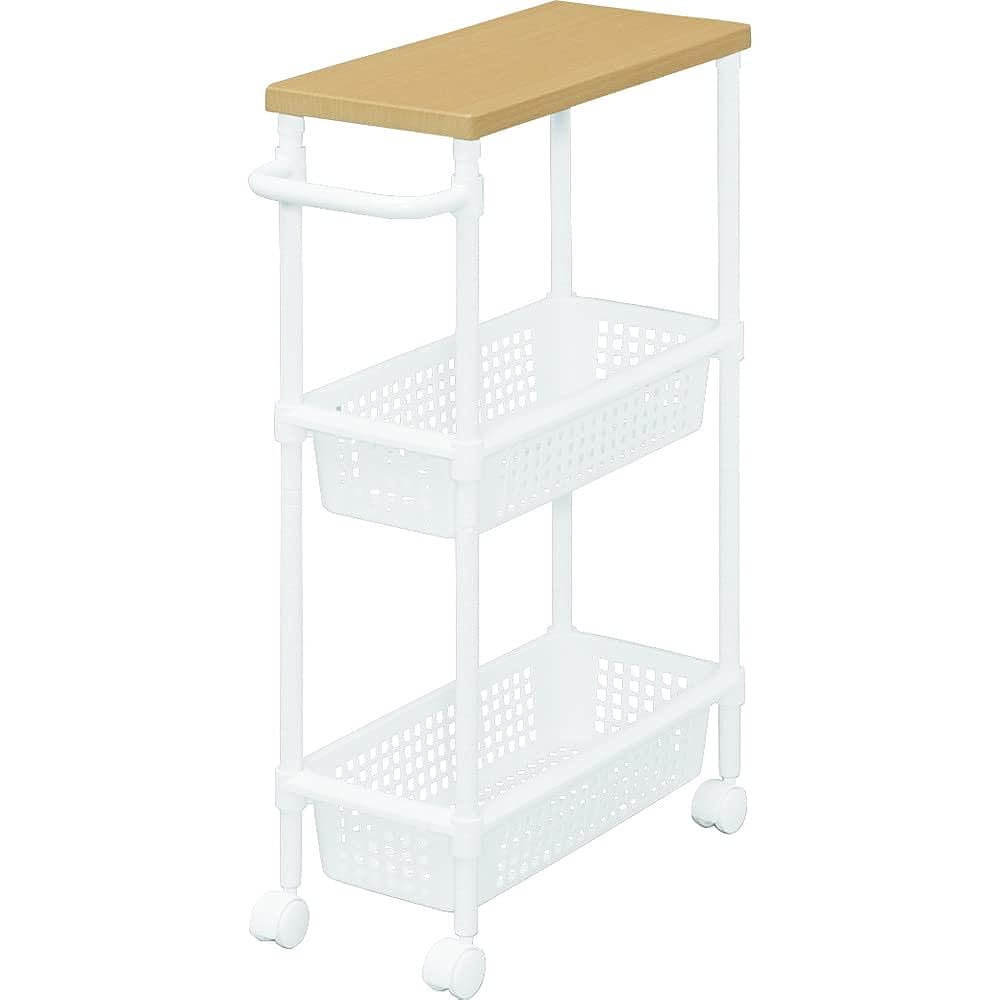 Iris Ohyama Seasoning Rack Kitchen Wagon Metal Pole Wood Top Table with Handle 3 Tiers Width 22cm Slim White/Beach MKW-WT3S