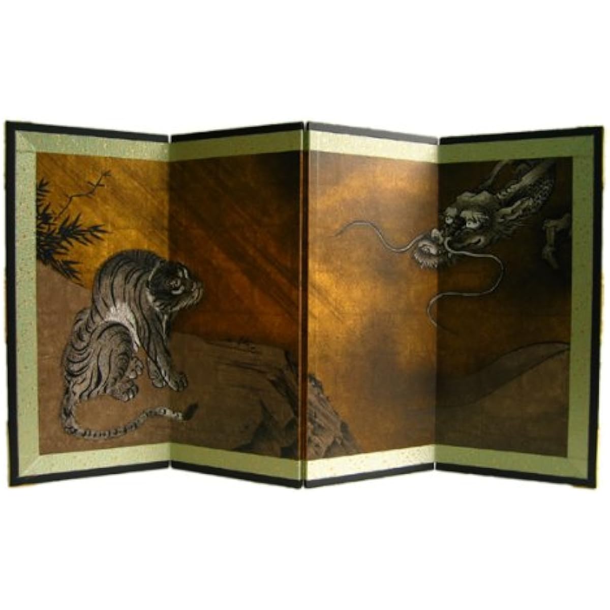 Miniature folding screen: Treasure wall painting folding screen - Dragon and Tiger folding screen / Height 34cm