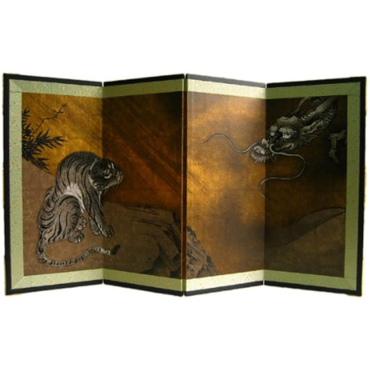 Miniature folding screen: Treasure wall painting folding screen - Dragon and Tiger folding screen / Height 34cm