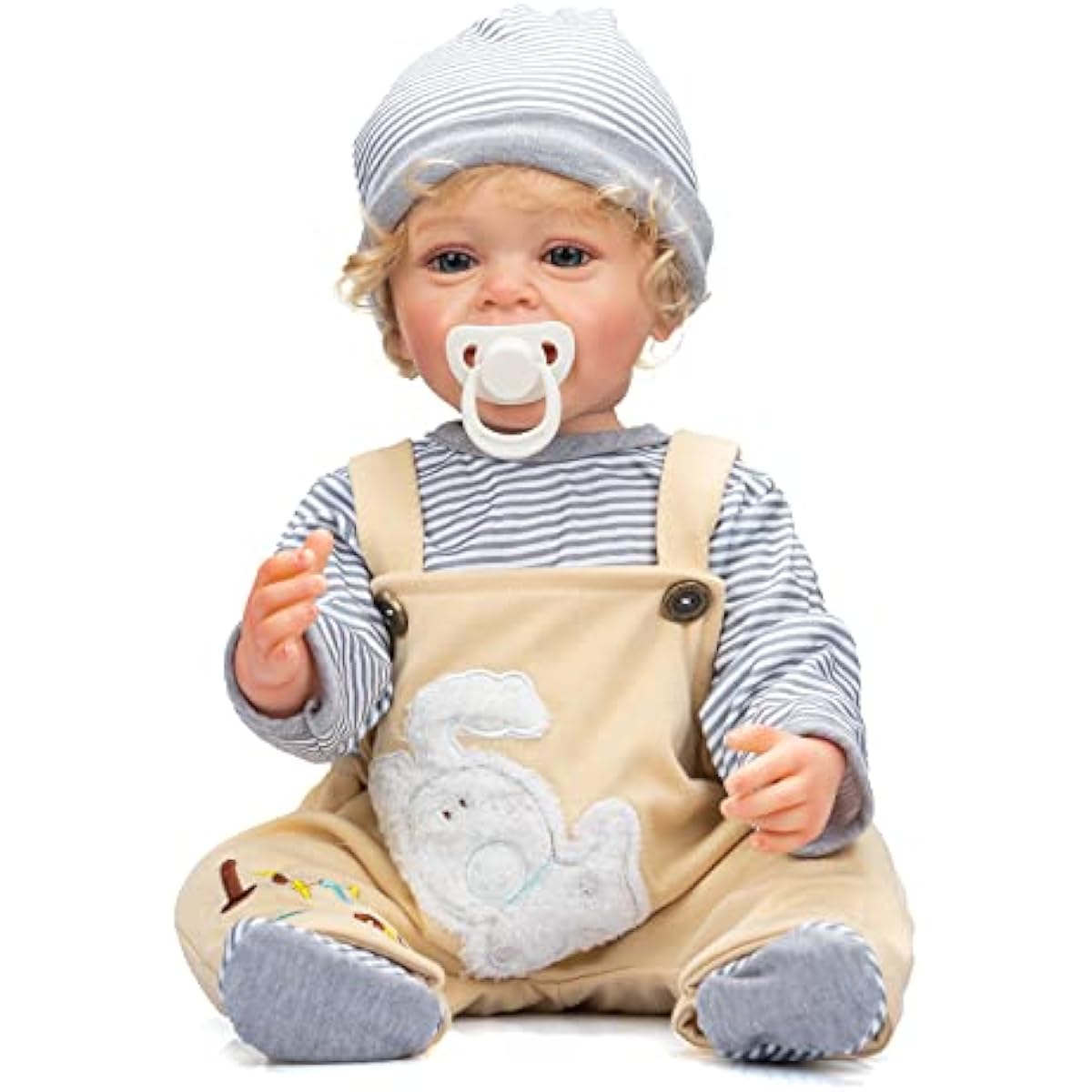 ROSHUAN Reborn Baby Boy 22" Anatomically Correct Baby Boy Doll Silicone Full Body Realistic Boy Toddler Baby Doll with Teeth Curly Hair Boy Girl Gift