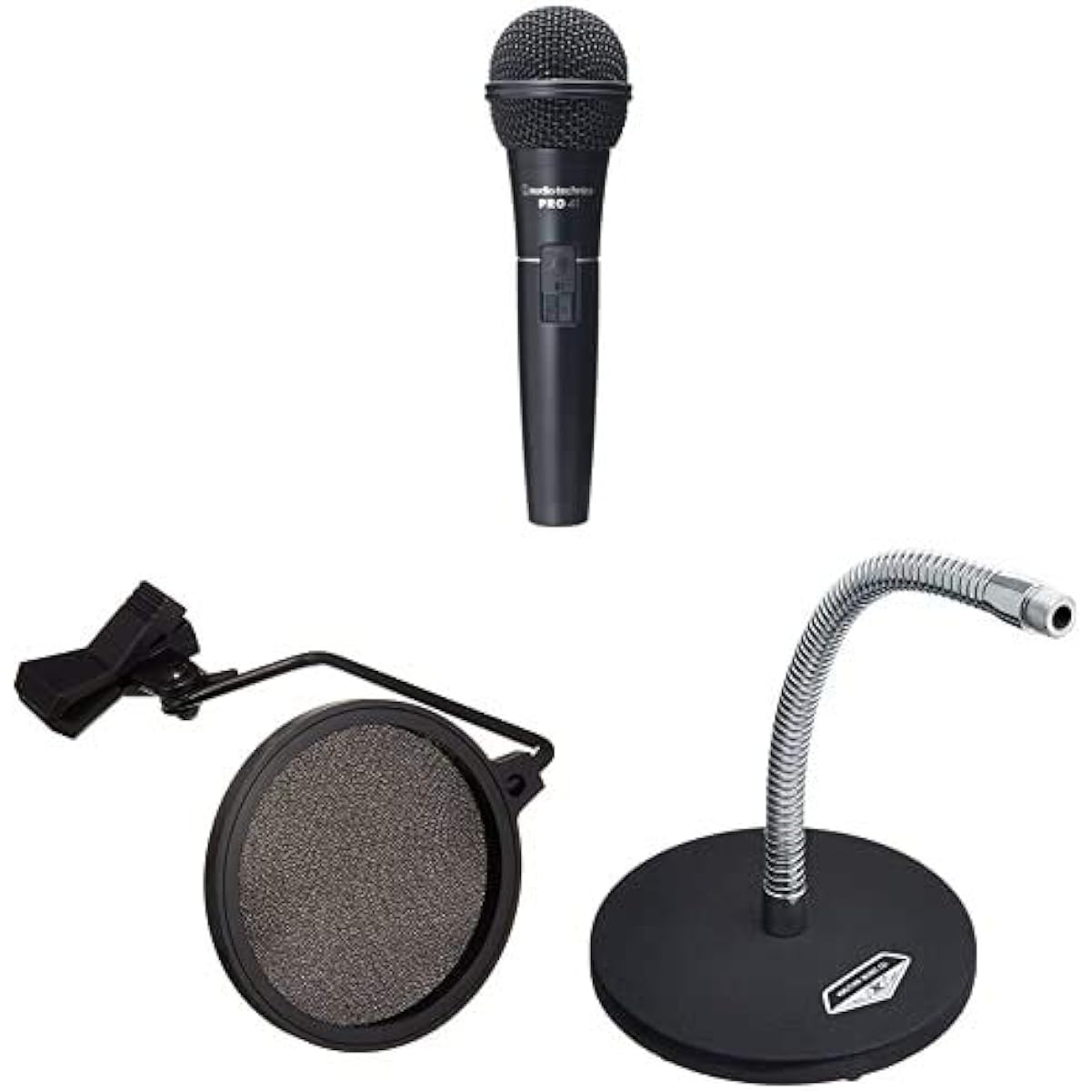 [Set purchase] audio-technica Dynamic Microphone PRO41 + Kikutani Pop Blocker PO-5S + PLUTINUM Desk Arm Type Flexible Microphone Stand MPC1 BLK Set