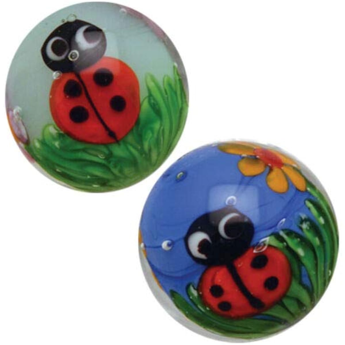 Big Game Toys ~ 2 Ladybirds 16mm Handmade Art Glass Marbles Bugs Insects Ladybug Flower Clear