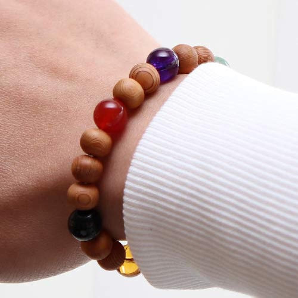 [Nenju dot com] Approximately 10mm Yakusugi seven-colored bracelet with paulownia box [Indian jade, amethyst, agate, onyx, citrine, lapis, brown crystal, warding off evil spirits, 60th birthday, ancient, longevity gift, world heritage Yakushima natural w