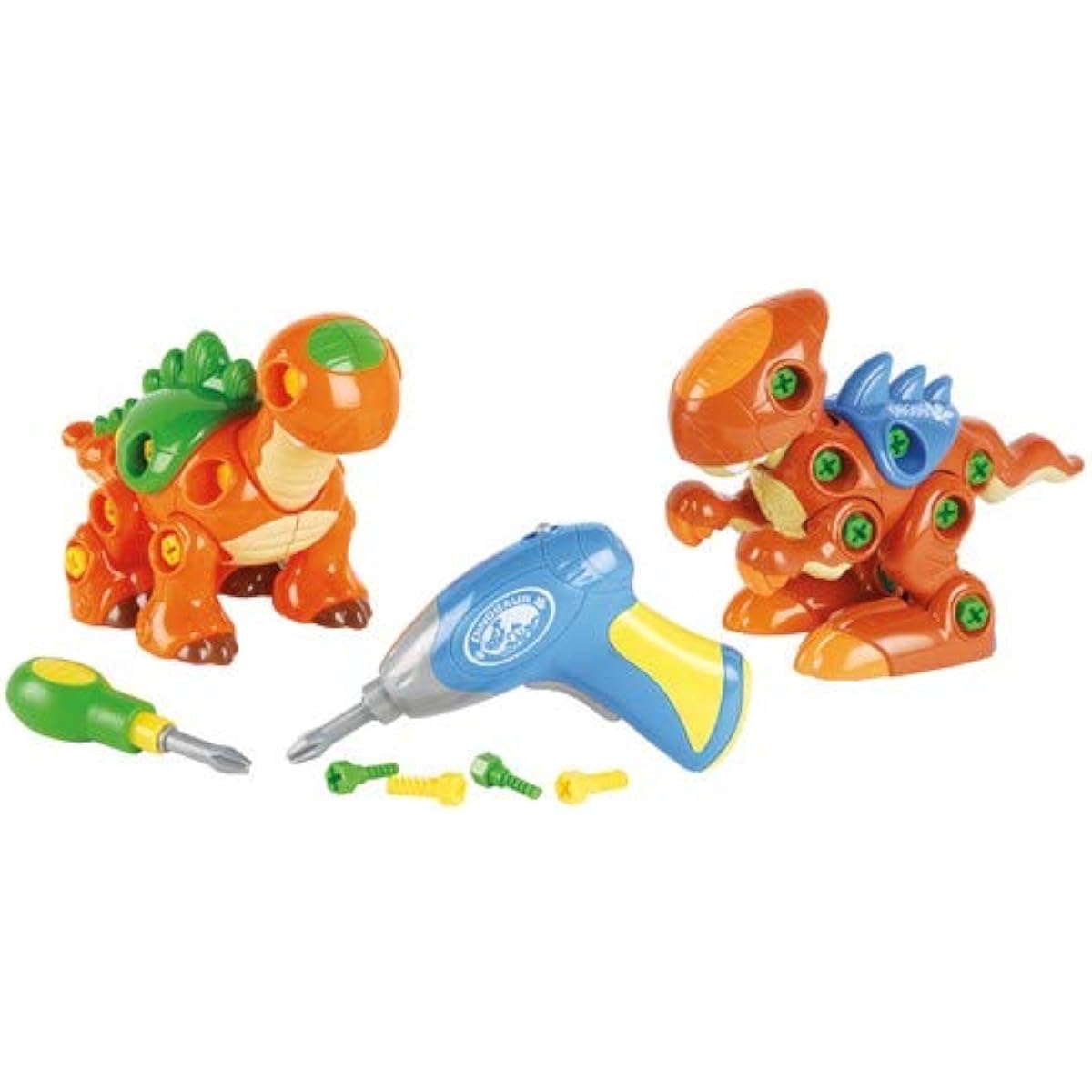 Constructive Playthings Create-A-Dino Building Set with 2 Dinosaurs, Rotating and Moving Feet, Electronic Drill, Manual Screwdriver, Ages 3+