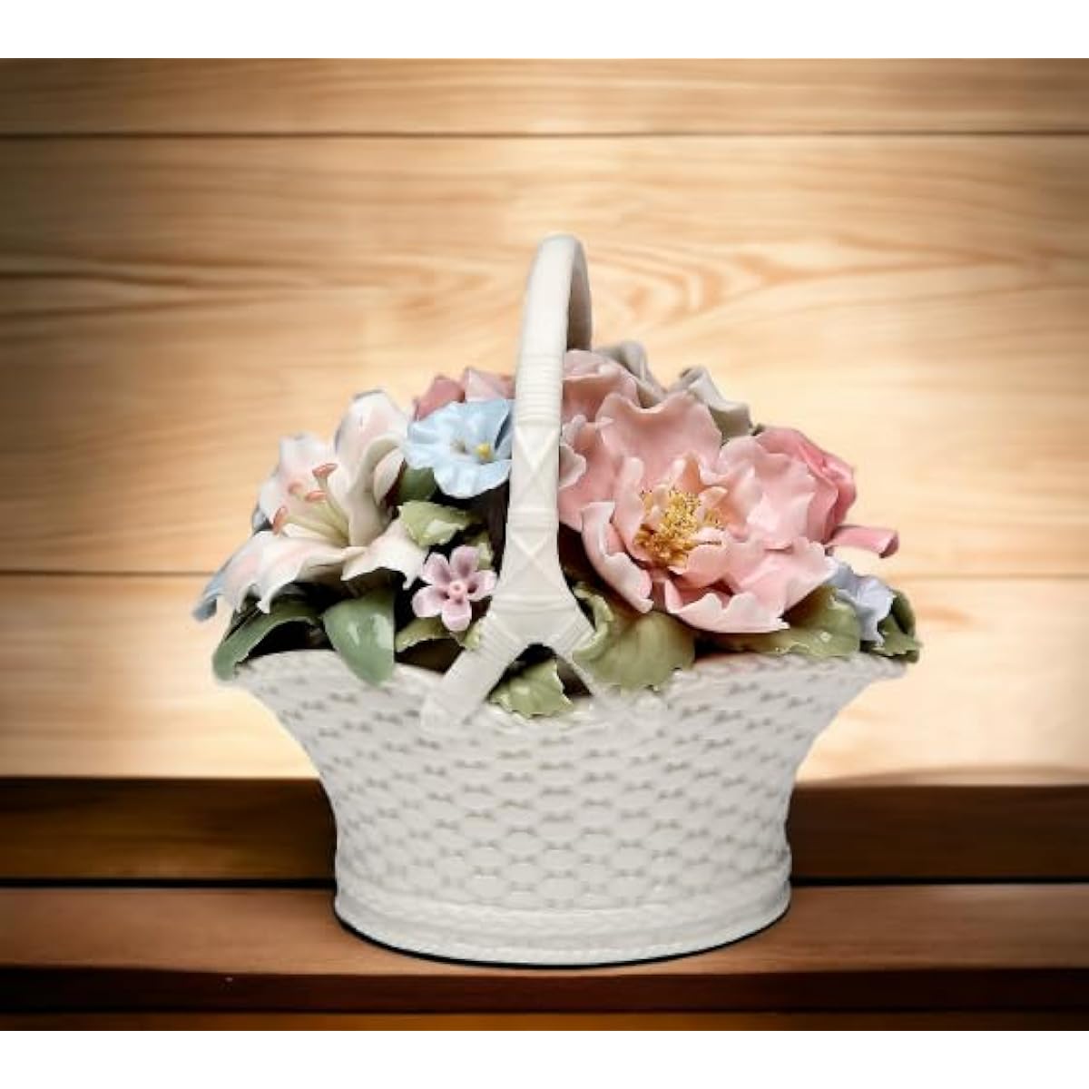 Cosmos Gifts Fine and Elegant Porcelain Bountiful Flower White Woven Basket Music Box Figurine (Music Tune: Memory) 5-1/4" Long