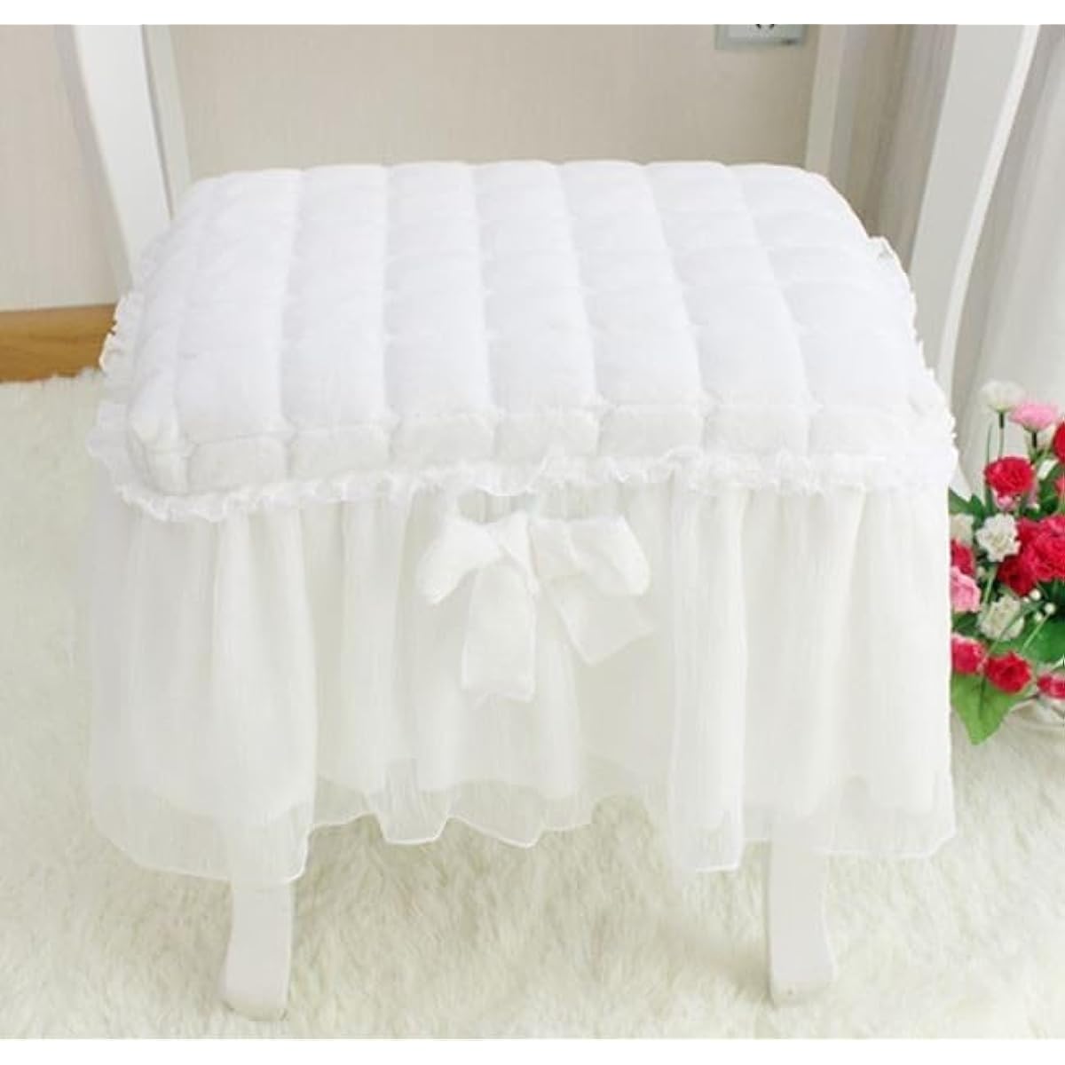 Piano chair cover, frilled, lace, ribbon, soft, princess style (white)