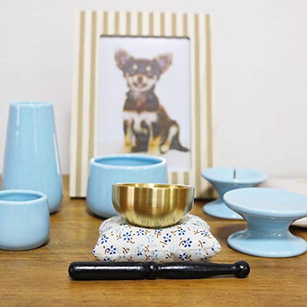 Mini Buddhist utensils 7-piece set, Korin, incense burner, incense burner ash, candle holder, vase, teacup, offering stand, blue