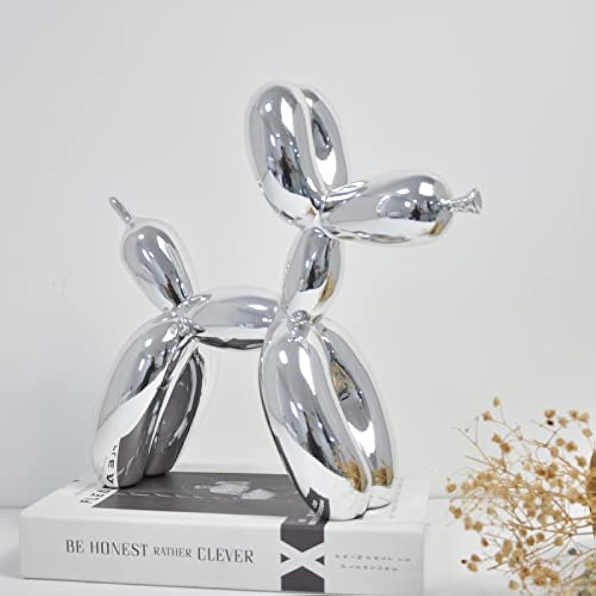 Standing Shiny Balloon Dog Metallic Finish Sculpture Animal Collectible Figurine Fashion Art Resin Craft Living Room Ornament Modern Desktop Decoration Home Decor (9.8"H x 3.5"L x 9.8"H, Silver)