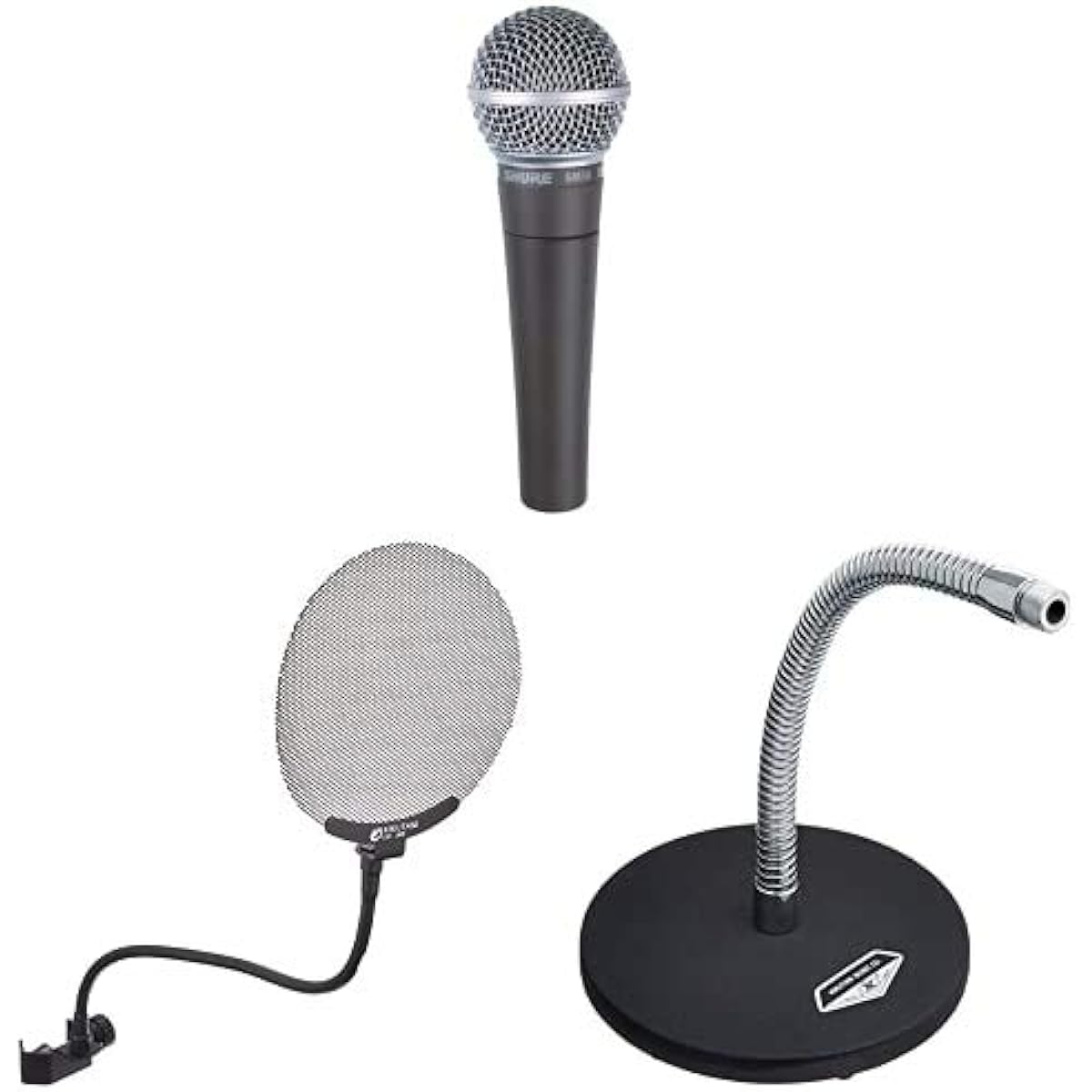 [Set purchase] SHURE Dynamic Microphone SM58CN + Kiktani Pop Blocker PO-8 + Kiktani Tabletop Microphone Stand Flexible Pipe DS-28 Set