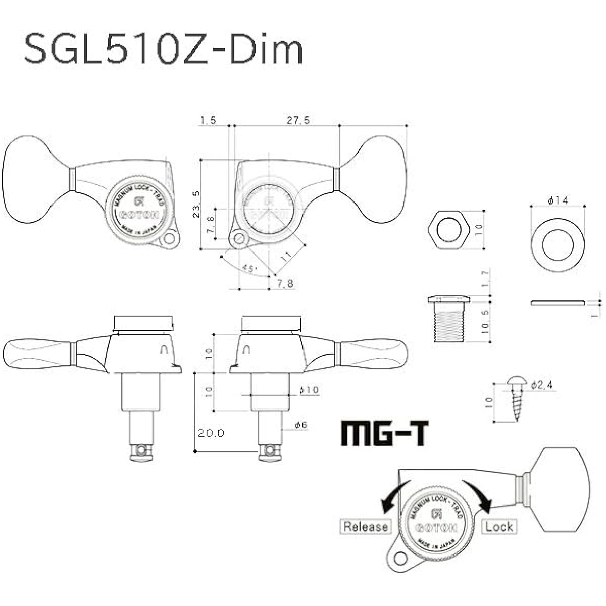 GOTOH Guitar Tuners SGL510Z MG-T L5 G L3 R3 Magnum Lock Trad Gold Both Sides Set of 6 [Includes Ebi Original Pick]