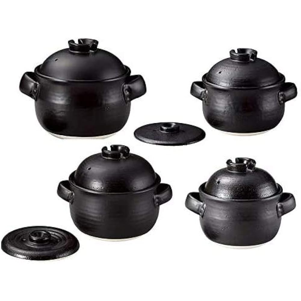 Taisei Rice Pot, Double Lid, Earthen Pot, Heat Resistant Pot, Rice Pot, Ceramic, Open Fire OK, Black, Outdoor, Banko Ware, Banko Ware (4 Cups)