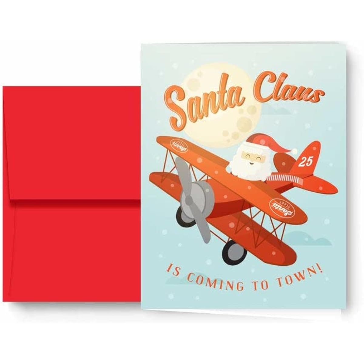 Paper Frenzy Aviator Pilot Santa Christmas in a Plane Holiday Cards with Red Envelopes - Pack of 25