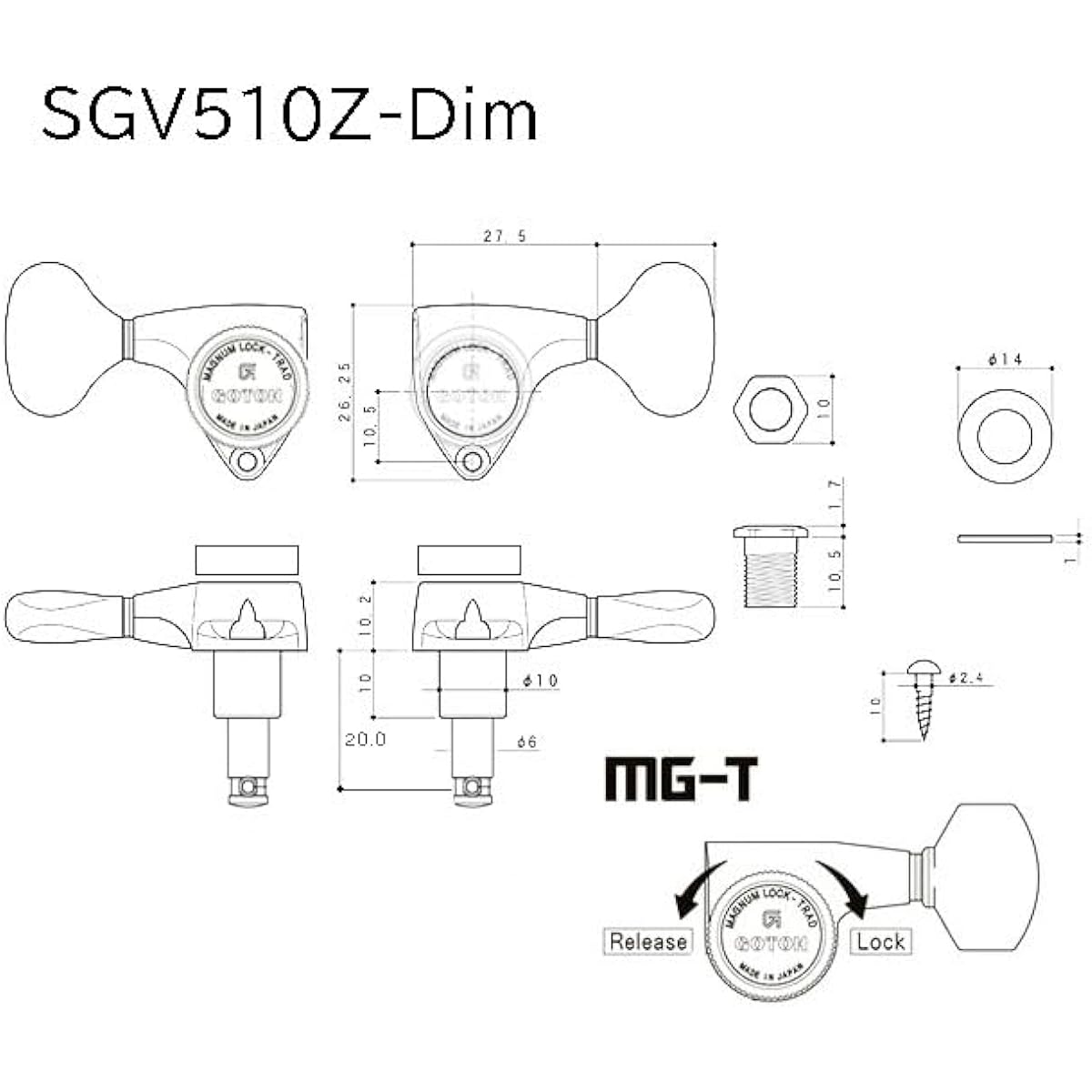 GOTOH Guitar Tuners SGV510Z MG-T L5 CK L3 R3 Magnum Rock Trad Cosmo Black Both Sides Set of 6 [Includes Ebi Original Pick]