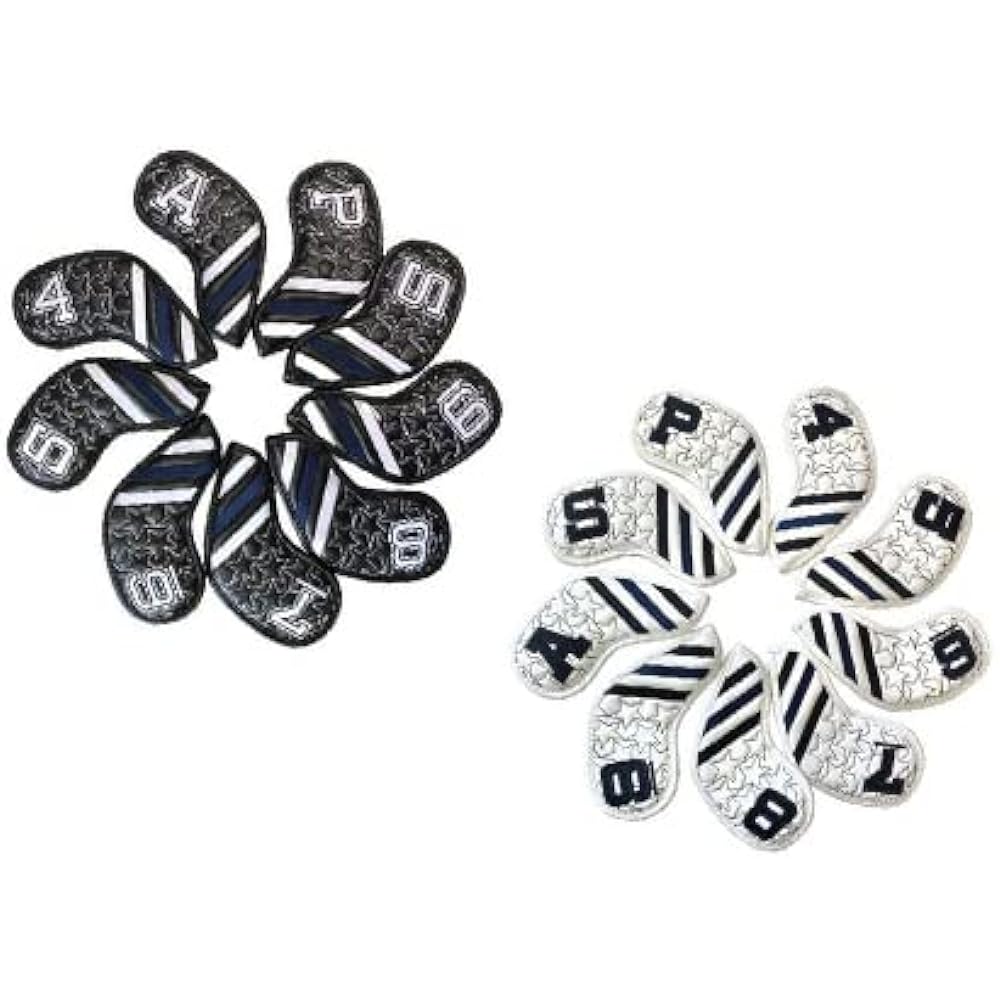 Golf Head Cover Iron Cover for Irons Embroidered 9 Piece Set 4-9 P, A, S Numbered Star Line Black White