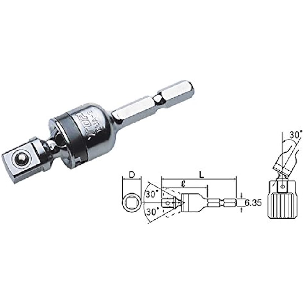 Top Industry (TOP) Universal socket adapter for electric drills, 3 arc minutes from hexagonal shank, swinging angle of 30°, swinging socket EUA-3, Tsubame-Sanjo, made in Japan