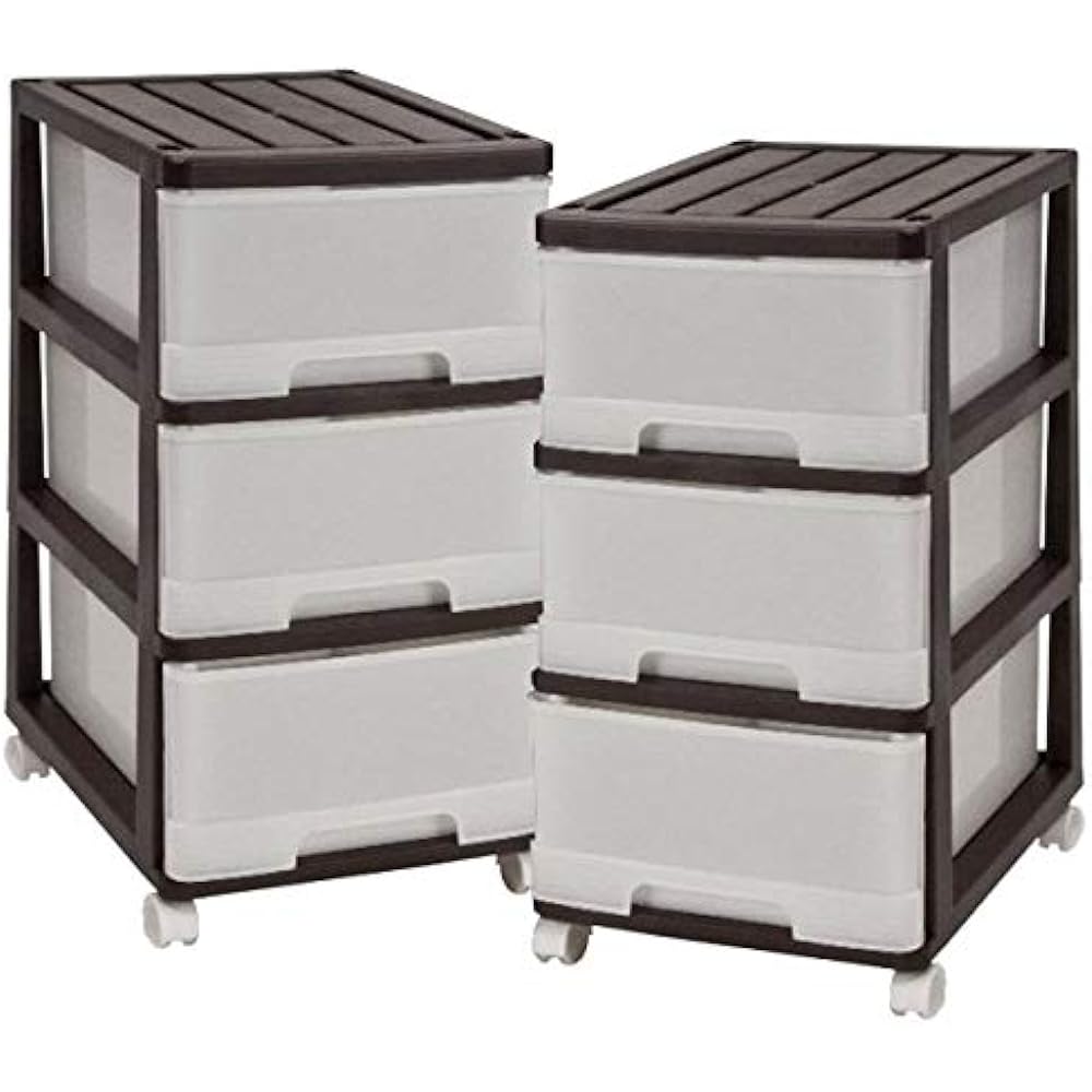 Storage Case Slim Chest Deep Drawer 3 Tiers Assembly Type Made in Japan (Set of 2 3 Tiers, Brown) MJ-F3-2BR