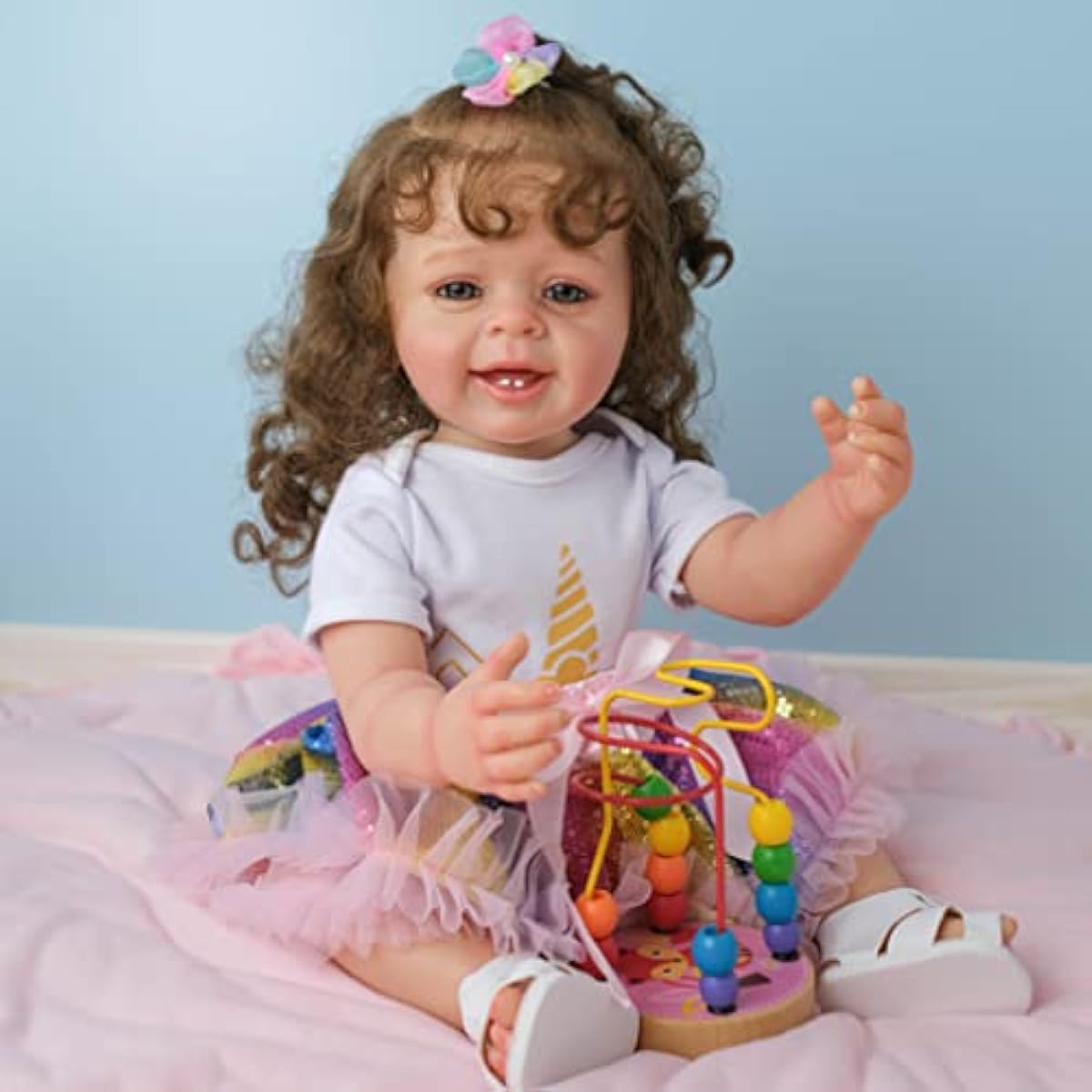 ROSHUAN Realistic Baby Reborn Doll Silicone Full Body Girl Reborn Doll Real Baby 22 Inch Reborn Doll Teeth and Smiling Face Curly Hair for Girls