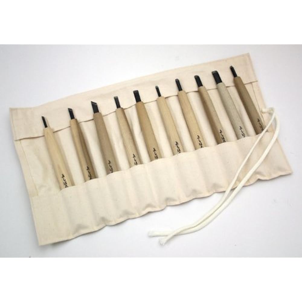 Yoshiharu Knives, Highest Grade, Made of Steel, Separately Made, Yoshiharu Mitomo Chisel, Cloth Case, Set of 10 W-10